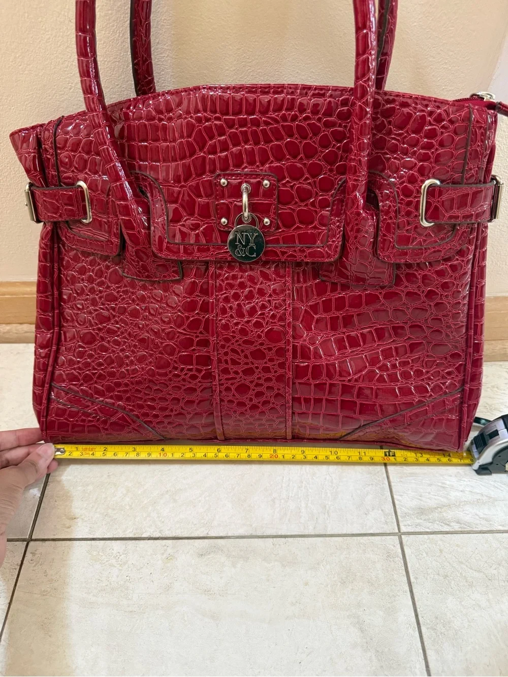 Red Croc Embossed Leather Handbag Work Tote Shoulder Bag